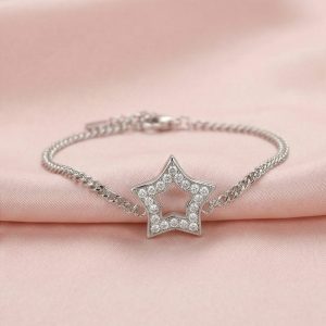 AGOR 925 Sterling Silver Open Star Charm Bracelet Jewellery Rhodium Finish