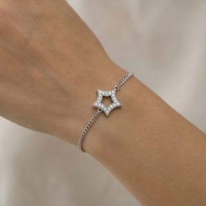 AGOR 925 Sterling Silver Open Star Charm Bracelet Jewellery Rhodium Finish