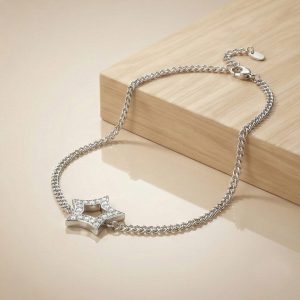 AGOR 925 Sterling Silver Open Star Charm Bracelet Jewellery Rhodium Finish