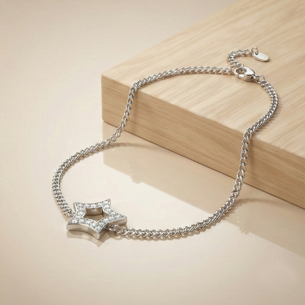 925 Sterling Silver Open Star Charm Bracelet Jewellery Rhodium Finish