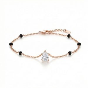 AGOR 925 Sterling Silver Pear Solitaire Black Bead Bracelet Jewellery Rose Gold Plated