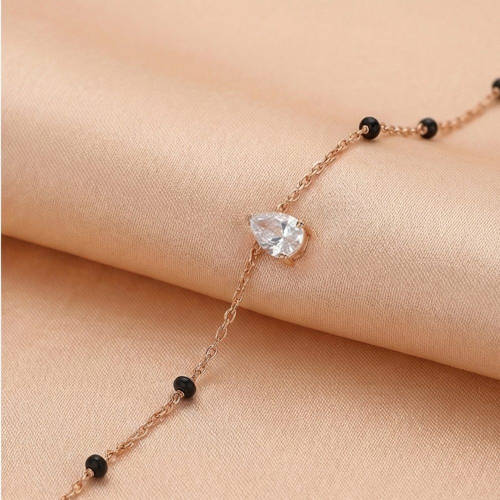 925 Sterling Silver Pear Solitaire Black Bead Bracelet Jewellery Rose Gold Plated