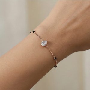 AGOR 925 Sterling Silver Pear Solitaire Black Bead Bracelet Jewellery Rose Gold Plated