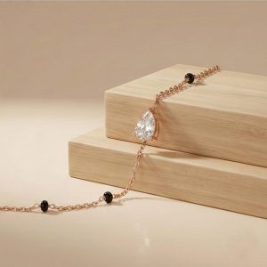 AGOR 925 Sterling Silver Pear Solitaire Black Bead Bracelet Jewellery Rose Gold Plated