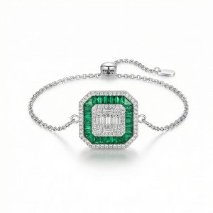 AGOR 925 Sterling Silver Geometric Emerald Green Halo Bracelet Jewellery with Rhodium Finish