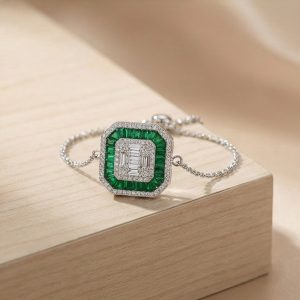 AGOR 925 Sterling Silver Geometric Emerald Green Halo Bracelet Jewellery with Rhodium Finish