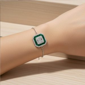 AGOR 925 Sterling Silver Geometric Emerald Green Halo Bracelet Jewellery with Rhodium Finish