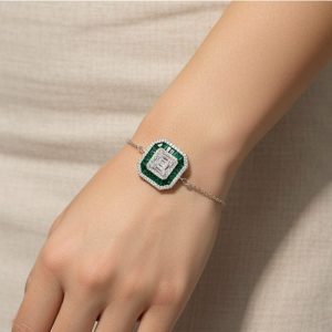 AGOR 925 Sterling Silver Geometric Emerald Green Halo Bracelet Jewellery with Rhodium Finish