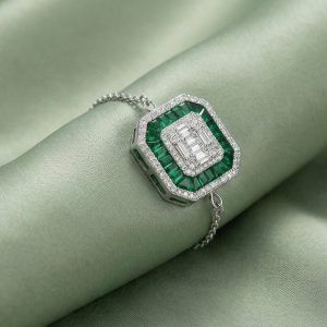 AGOR 925 Sterling Silver Geometric Emerald Green Halo Bracelet Jewellery with Rhodium Finish