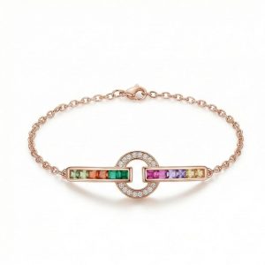 AGOR 925 Sterling Silver Rose Gold Plated Multicolor Geometric Interlocking Bracelet Jewellery