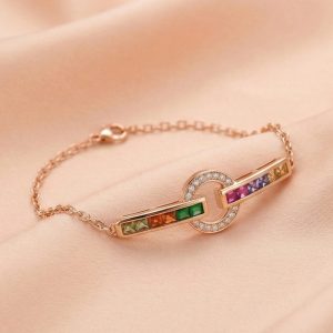 AGOR 925 Sterling Silver Rose Gold Plated Multicolor Geometric Interlocking Bracelet Jewellery