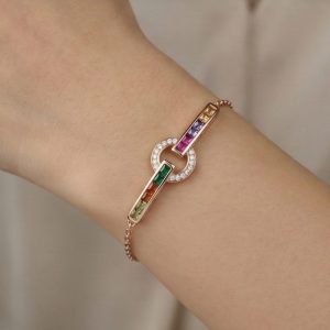 AGOR 925 Sterling Silver Rose Gold Plated Multicolor Geometric Interlocking Bracelet Jewellery