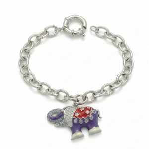 AGOR 925 Sterling Silver Enamel Elephant Charm Chain Bracelet Jewellery for Women High Polish Finish