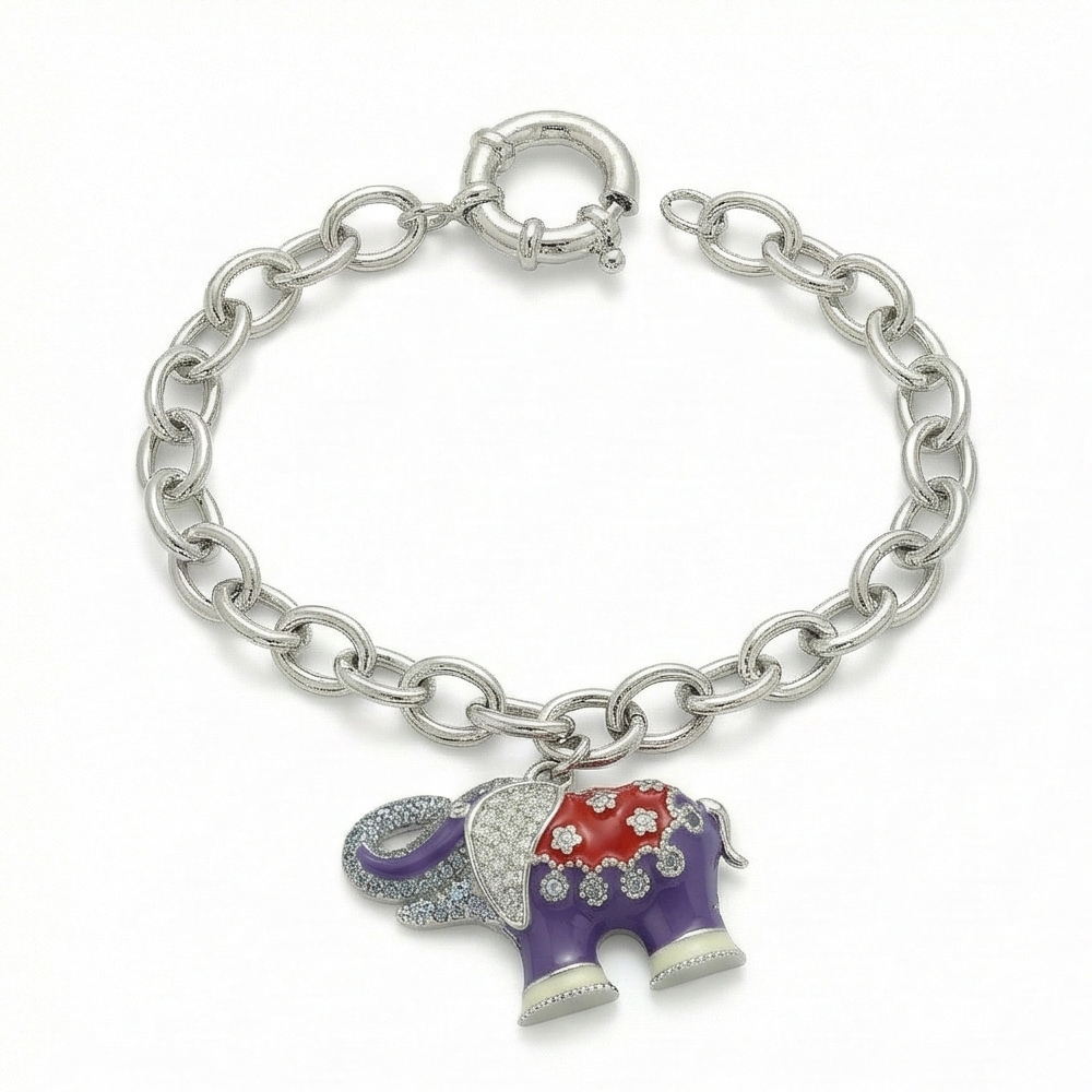 925 Sterling Silver Enamel Elephant Charm Chain Bracelet Jewellery for Women High Polish Finish