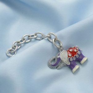 AGOR 925 Sterling Silver Enamel Elephant Charm Chain Bracelet Jewellery for Women High Polish Finish