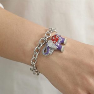 AGOR 925 Sterling Silver Enamel Elephant Charm Chain Bracelet Jewellery for Women High Polish Finish