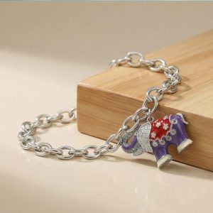 AGOR 925 Sterling Silver Enamel Elephant Charm Chain Bracelet Jewellery for Women High Polish Finish