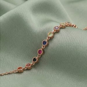 AGOR 925 Sterling Silver Rose Gold Plated Rainbow Bezel Station Bracelet Jewellery