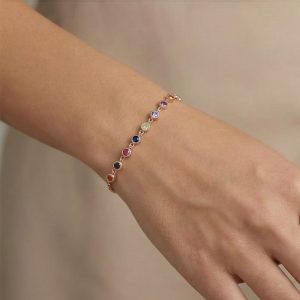 AGOR 925 Sterling Silver Rose Gold Plated Rainbow Bezel Station Bracelet Jewellery