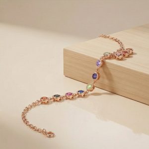 AGOR 925 Sterling Silver Rose Gold Plated Rainbow Bezel Station Bracelet Jewellery