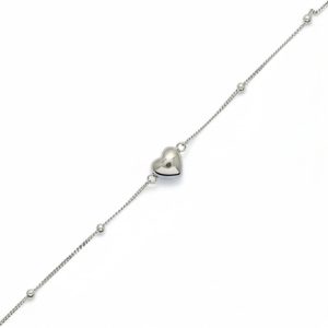 AGOR 925 Sterling Silver Puffed Heart Charm Beaded Chain Bracelet Jewellery for Women