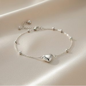 AGOR 925 Sterling Silver Puffed Heart Charm Beaded Chain Bracelet Jewellery for Women