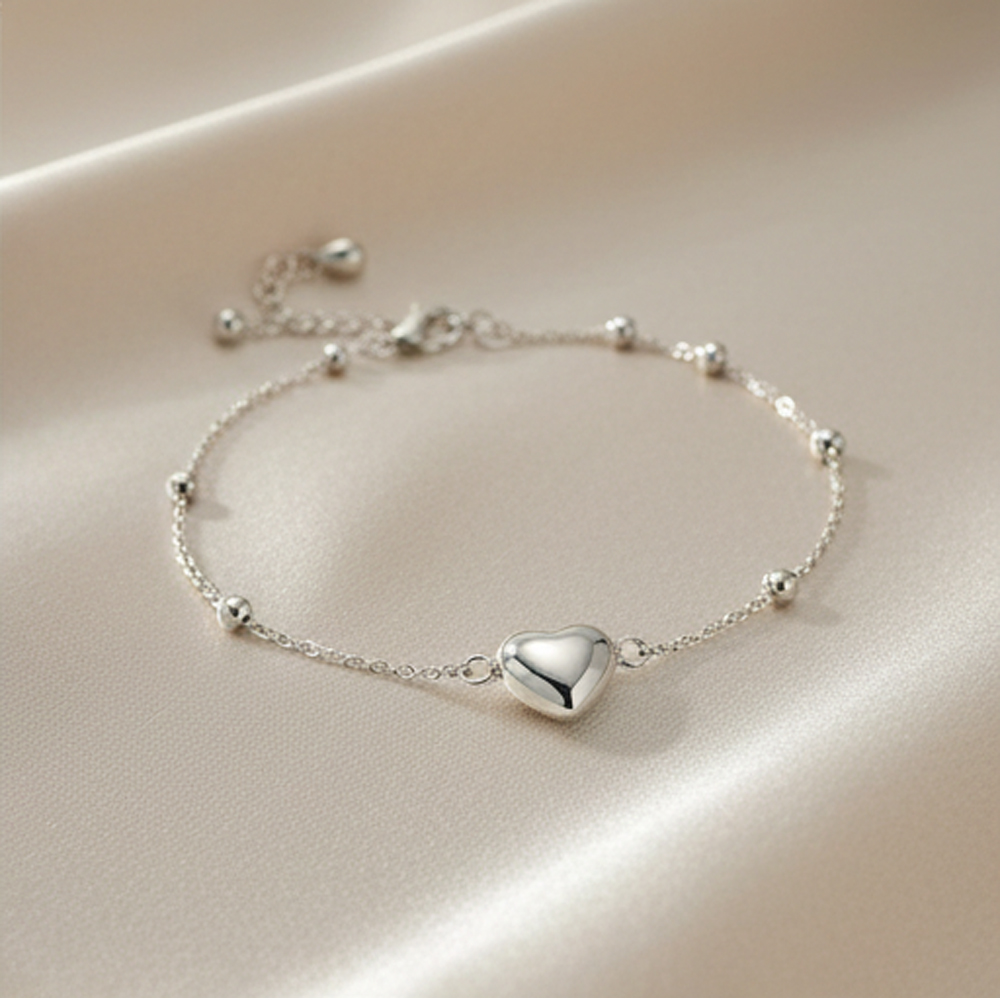 925 Sterling Silver Puffed Heart Charm Beaded Chain Bracelet Jewellery for Women