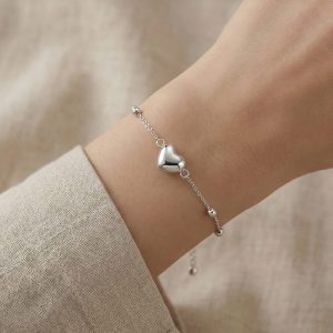 AGOR 925 Sterling Silver Puffed Heart Charm Beaded Chain Bracelet Jewellery for Women