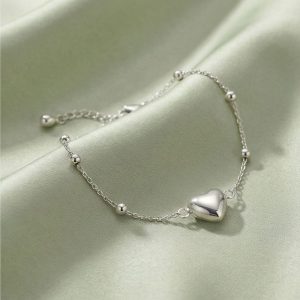 AGOR 925 Sterling Silver Puffed Heart Charm Beaded Chain Bracelet Jewellery for Women