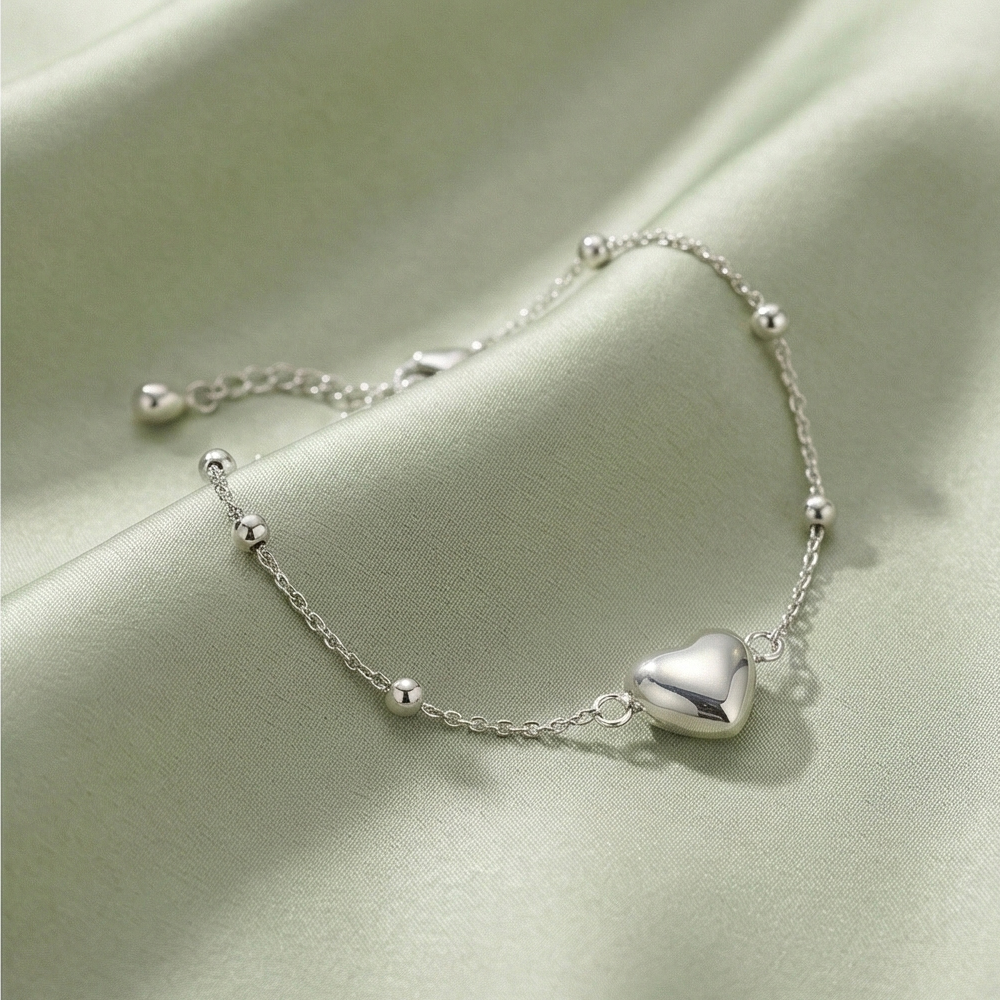 925 Sterling Silver Puffed Heart Charm Beaded Chain Bracelet Jewellery for Women