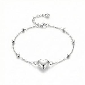 AGOR 925 Sterling Silver Puffed Heart Charm Beaded Chain Bracelet Jewellery for Women