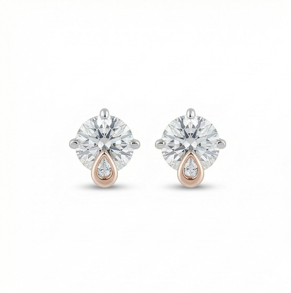 AGOR 925 Sterling Silver Solitaire Stud Earrings with Rose Gold Drop Accent Jewellery