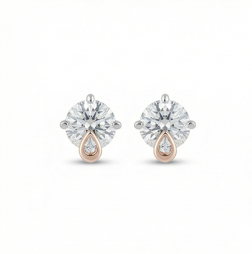 925 Sterling Silver Solitaire Stud Earrings with Rose Gold Drop Accent Jewellery