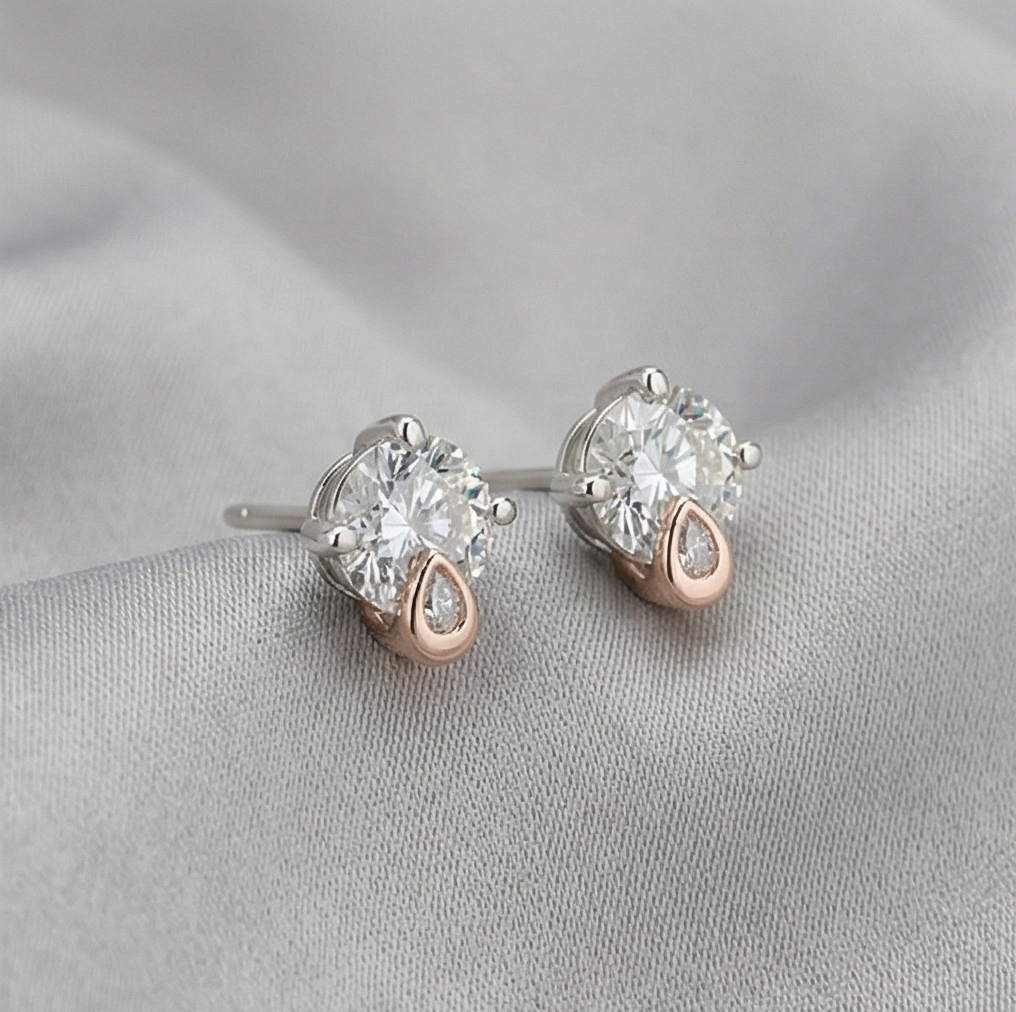925 Sterling Silver Solitaire Stud Earrings with Rose Gold Drop Accent Jewellery