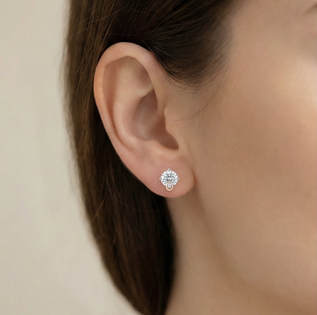 925 Sterling Silver Solitaire Stud Earrings with Rose Gold Drop Accent Jewellery