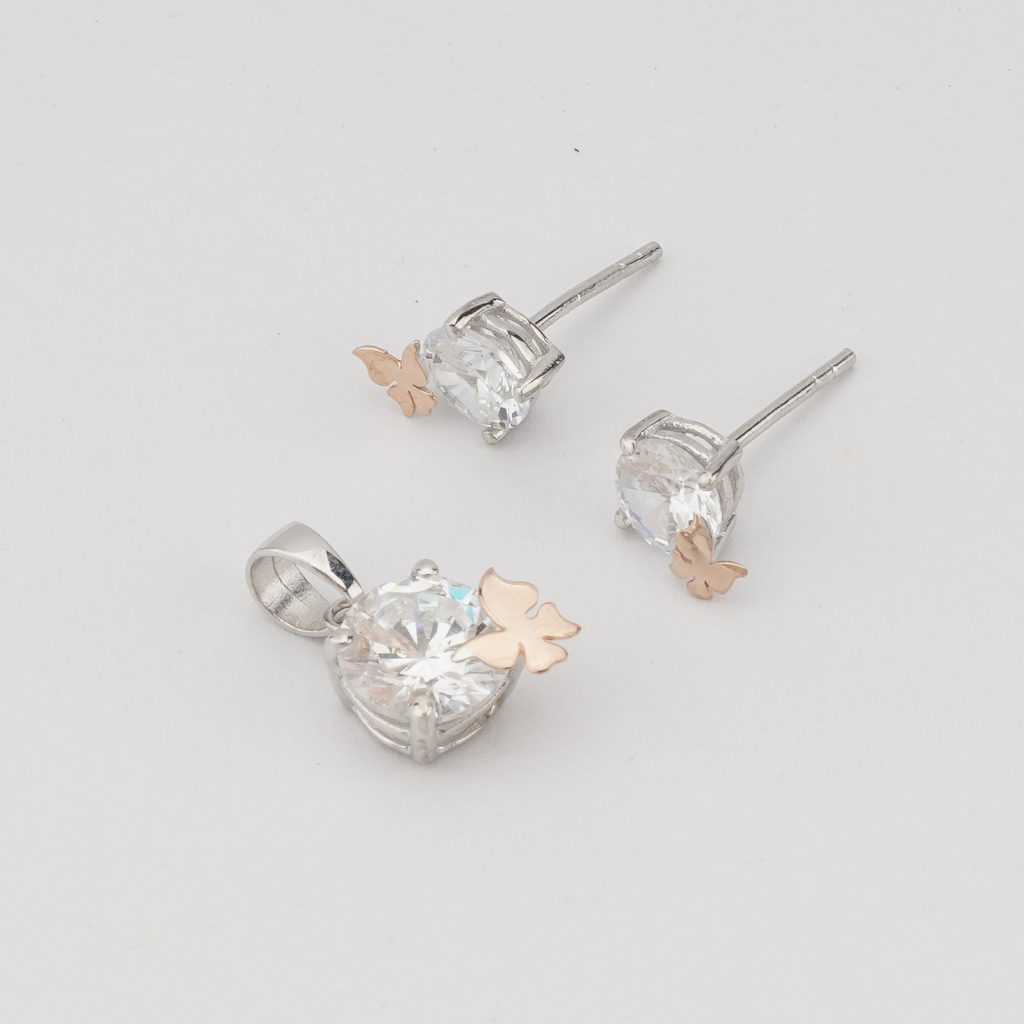 AGOR 925 Sterling Silver Solitaire Pendant & Earrings Set with Rose Gold Butterfly Jewellery for Women