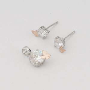 AGOR 925 Sterling Silver Solitaire Pendant & Earrings Set with Rose Gold Butterfly Jewellery for Women