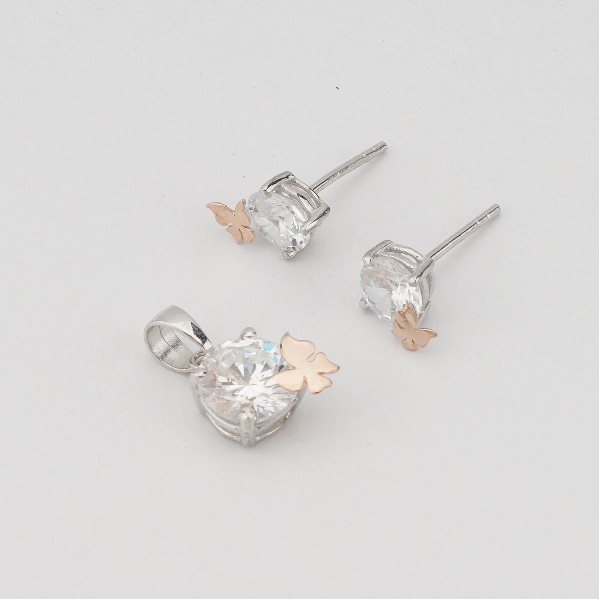 925 Sterling Silver Solitaire Pendant & Earrings Set with Rose Gold Butterfly Jewellery for Women