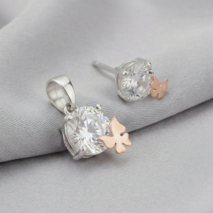 AGOR 925 Sterling Silver Solitaire Pendant & Earrings Set with Rose Gold Butterfly Jewellery for Women
