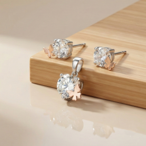 AGOR 925 Sterling Silver Solitaire Pendant & Earrings Set with Rose Gold Butterfly Jewellery for Women