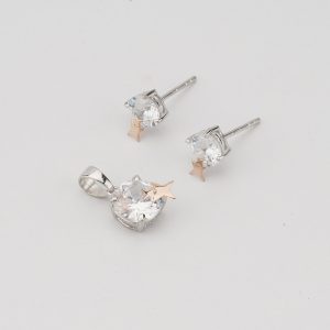 AGOR 925 Sterling Silver Solitaire Pendant & Earrings Set with Rose Gold Star Jewellery for Women – Dual Tone Finish