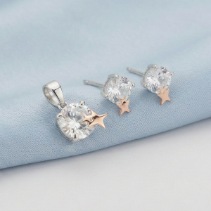 AGOR 925 Sterling Silver Solitaire Pendant & Earrings Set with Rose Gold Star Jewellery for Women - Dual Tone Finish