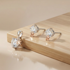 AGOR 925 Sterling Silver Solitaire Pendant & Earrings Set with Rose Gold Star Jewellery for Women - Dual Tone Finish