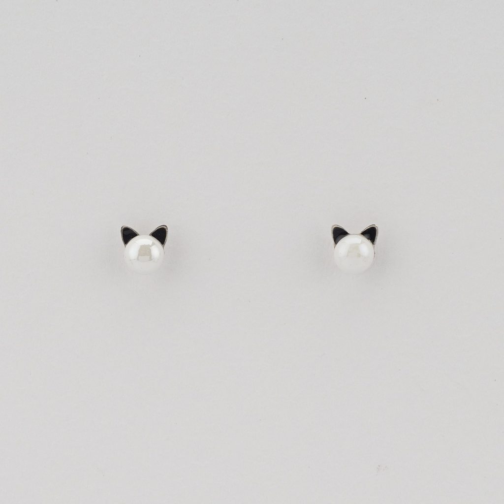 AGOR 925 Sterling Silver Cute Cat Pearl Stud Earrings Jewellery for Girls