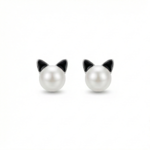 AGOR 925 Sterling Silver Cute Cat Pearl Stud Earrings Jewellery for Girls