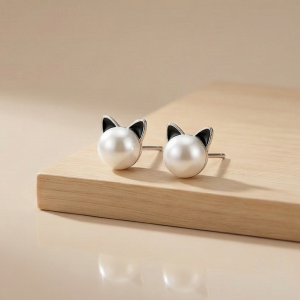 925 Sterling Silver Cute Cat Pearl Stud Earrings Jewellery for Girls