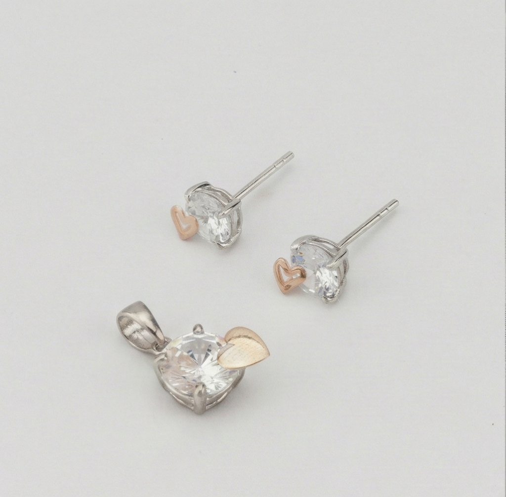 AGOR 925 Sterling Silver Solitaire Heart Accent Pendant Set Two Tone Jewellery