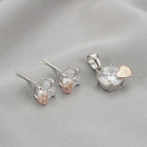 AGOR 925 Sterling Silver Solitaire Heart Accent Pendant Set Two Tone Jewellery