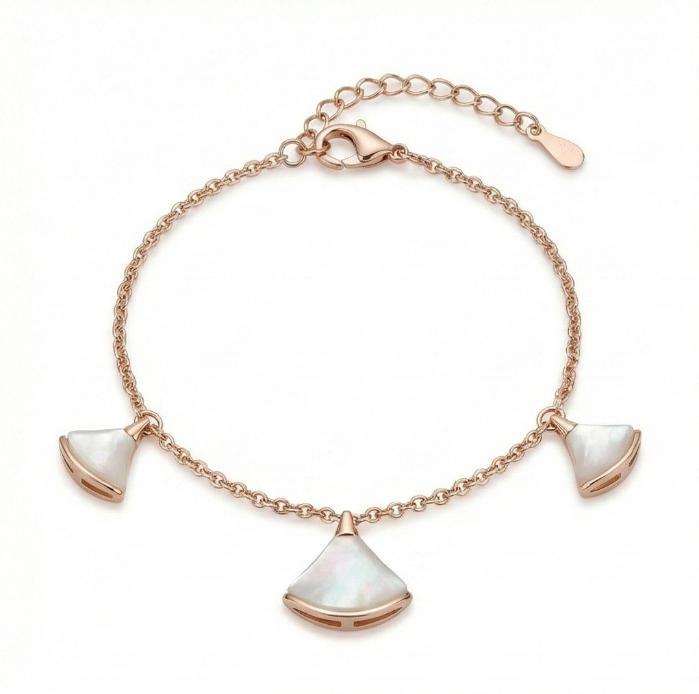 925 Sterling Silver Rose Gold Plated MOP Fan Shape Charm Bracelet for Women & Girls | Elegant Pearlescent Motif Chain Jewellery