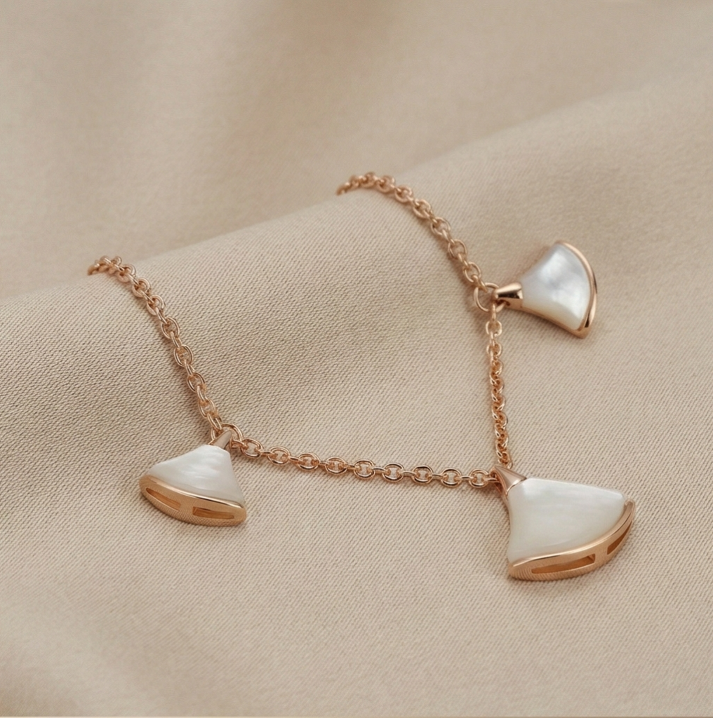 AGOR 925 Sterling Silver Rose Gold Plated MOP Fan Shape Charm Bracelet for Women & Girls | Elegant Pearlescent Motif Chain Jewellery